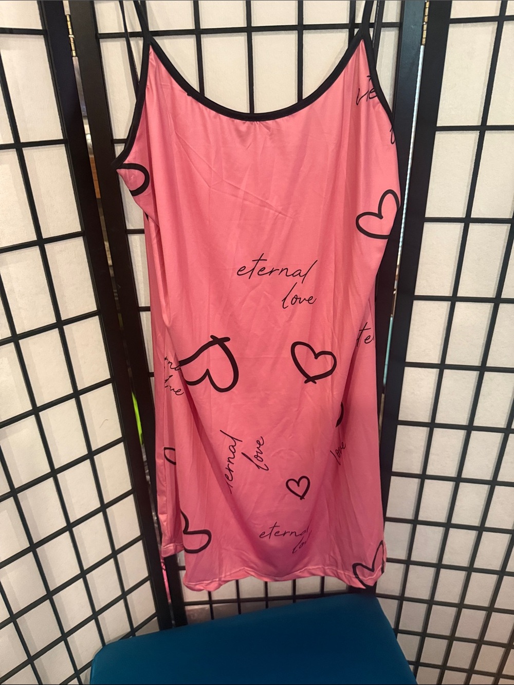 Pink Satin Heart-Print Slip Dress with Black Trim